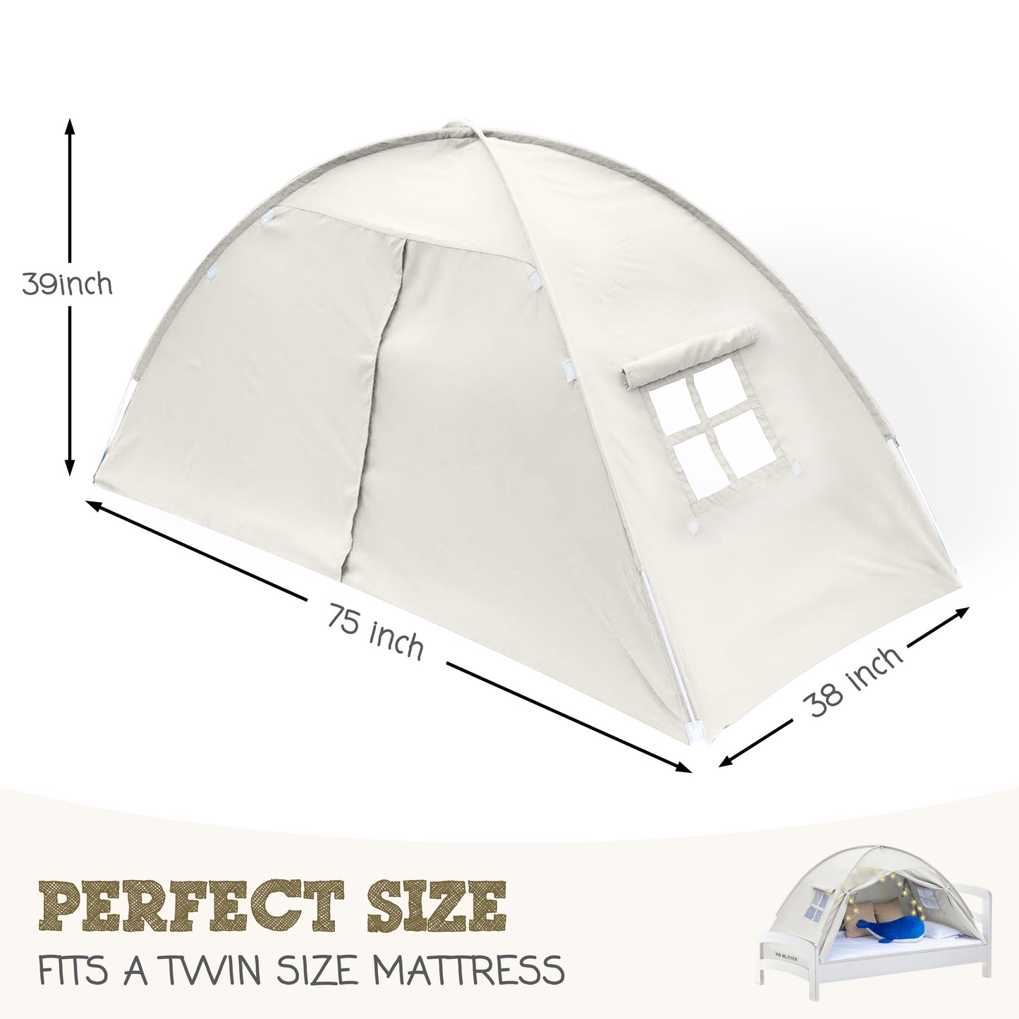 Beige Twin Size Bed Tent for Kids Indoor Fort - Magical Pop Up Dream Tent for Mattress