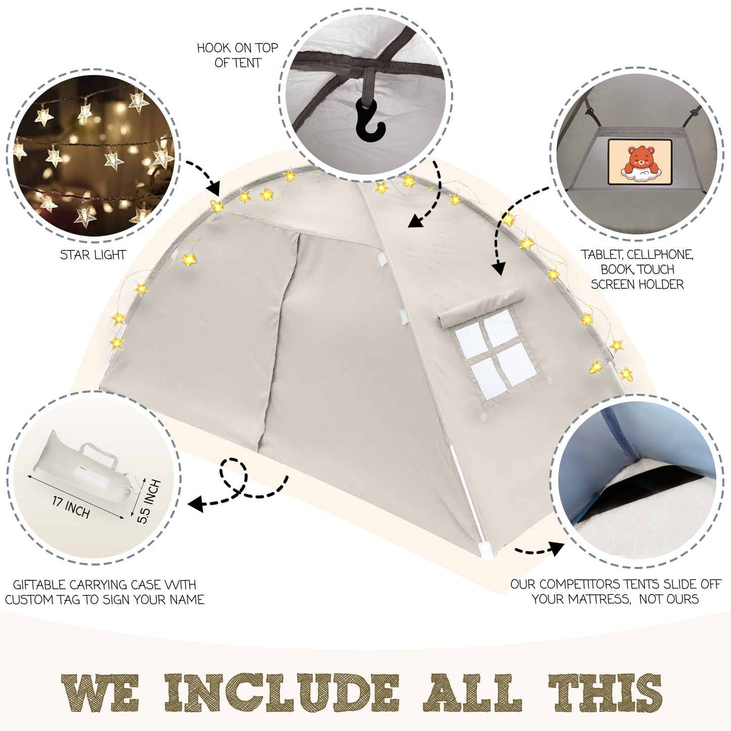 Beige Twin Size Bed Tent for Kids Indoor Fort - Magical Pop Up Dream Tent for Mattress