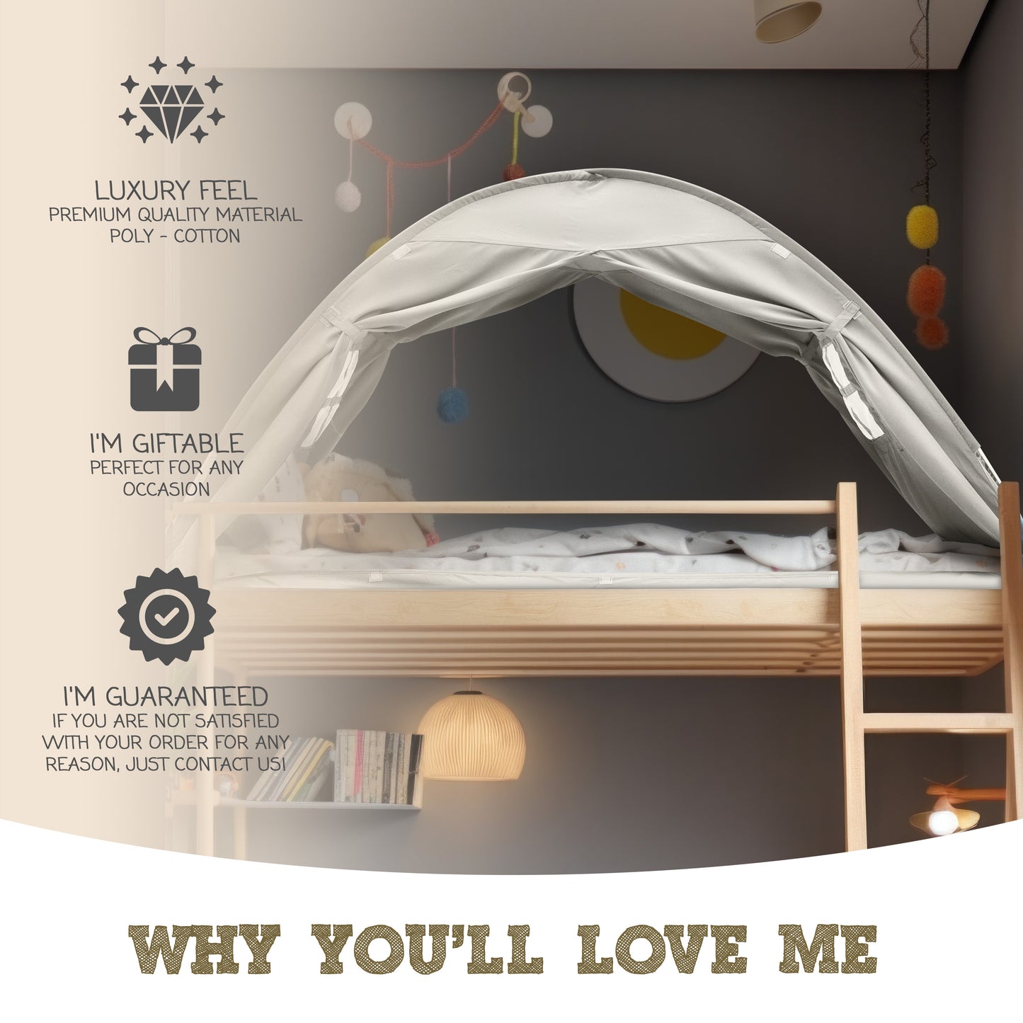 Beige Twin Size Bed Tent for Kids Indoor Fort - Magical Pop Up Dream Tent for Mattress