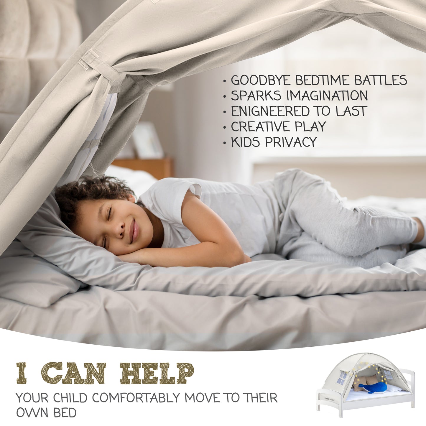 Beige Twin Size Bed Tent for Kids Indoor Fort - Magical Pop Up Dream Tent for Mattress