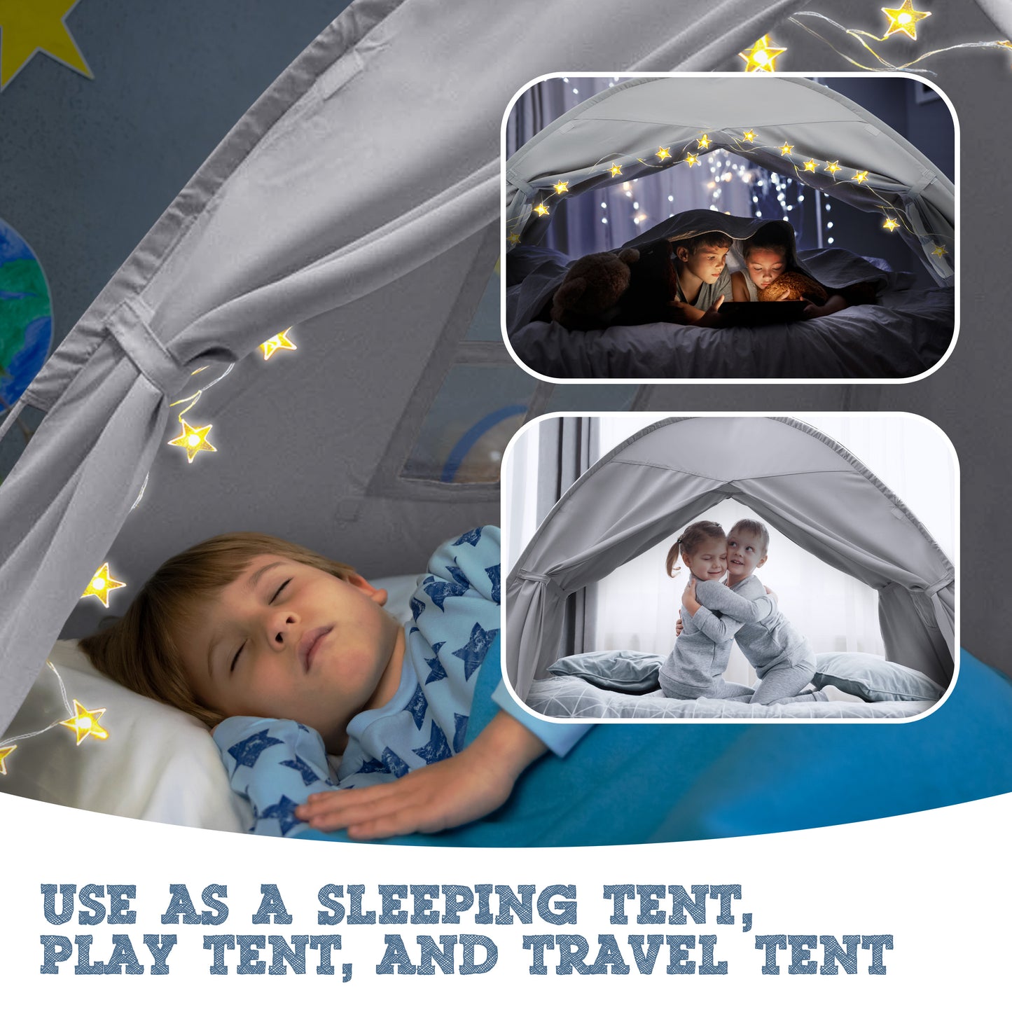 Gray Full Size Bed Tent for Kids Indoor Fort - Magical Pop Up Dream Tent for Mattress