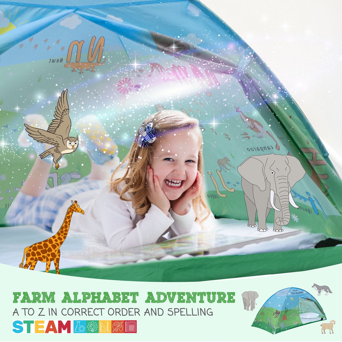Animal Twin Size Bed Tent for Kids Indoor Fort - Magical Pop Up Dream Tent for Mattress