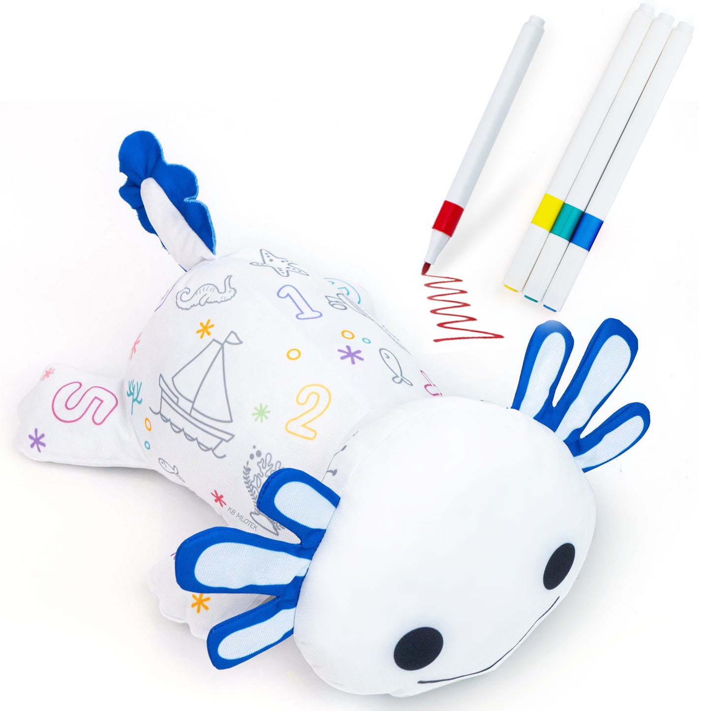 Axolotl Coloring Plush Toy - Washable Doodle Stuffed Animal with Traceable Numbers & Letters - Color Me Plush Includes 4 Markers - Educational Reusable Draw on Stuffed Animal Doodle Doll