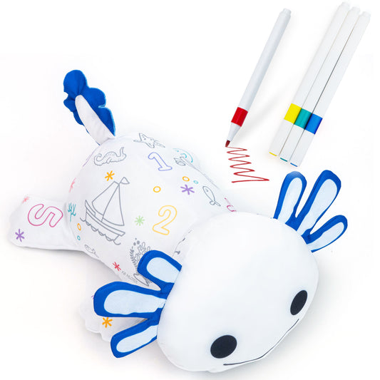 Axolotl Coloring Plush Toy - Washable Doodle Stuffed Animal with Traceable Numbers & Letters - Color Me Plush Includes 4 Markers - Educational Reusable Draw on Stuffed Animal Doodle Doll