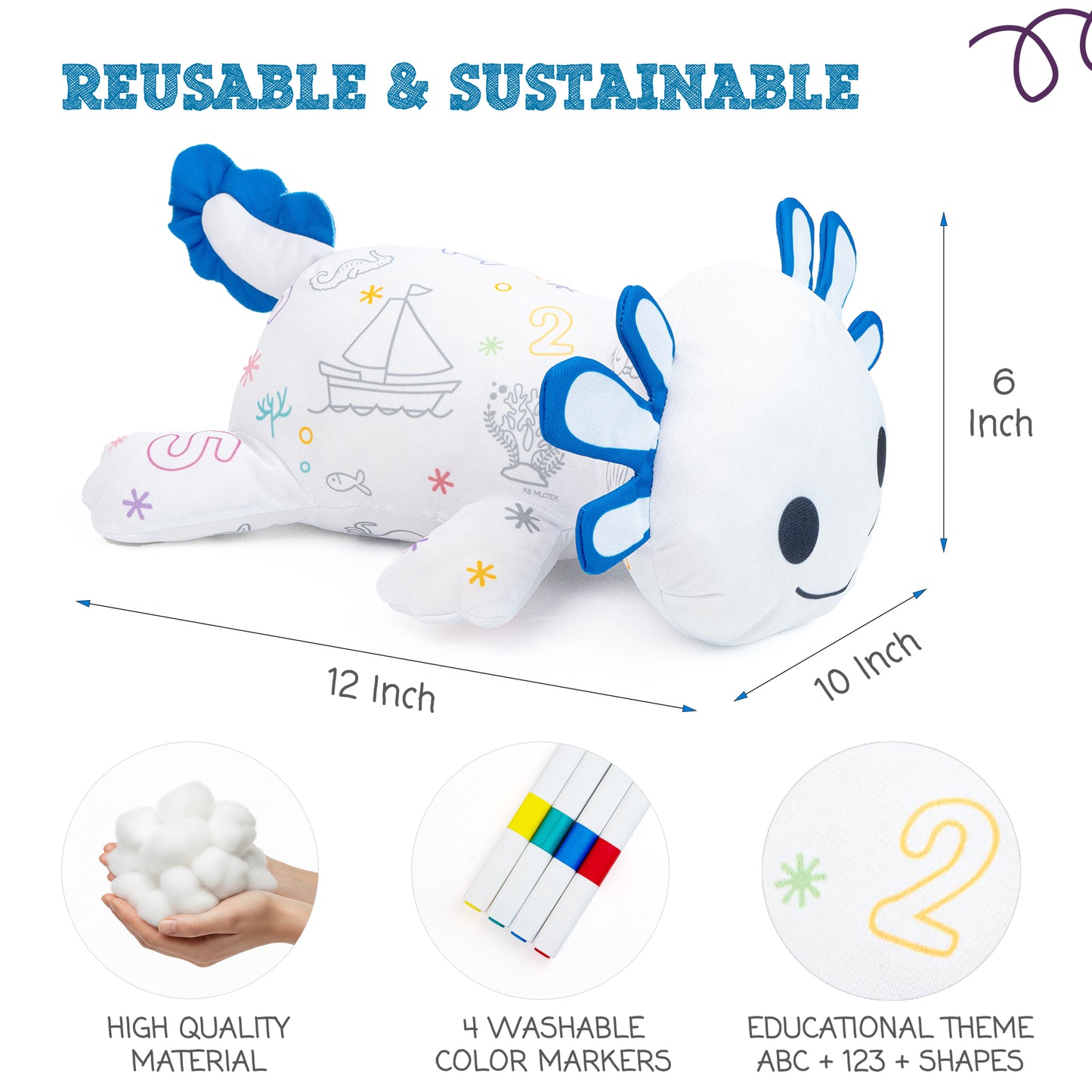 Axolotl Coloring Plush Toy - Washable Doodle Stuffed Animal with Traceable Numbers & Letters - Color Me Plush Includes 4 Markers - Educational Reusable Draw on Stuffed Animal Doodle Doll