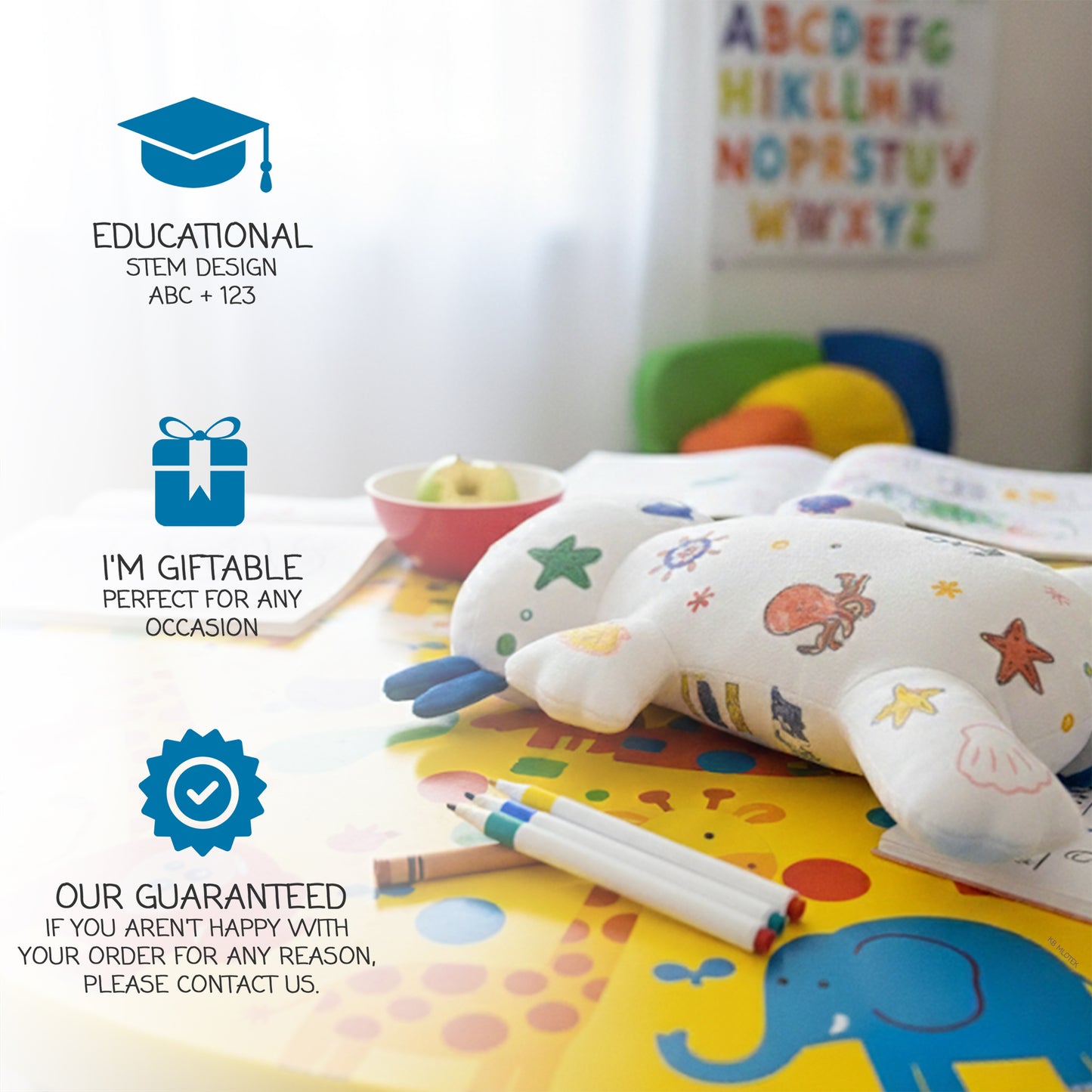 Axolotl Coloring Plush Toy - Washable Doodle Stuffed Animal with Traceable Numbers & Letters - Color Me Plush Includes 4 Markers - Educational Reusable Draw on Stuffed Animal Doodle Doll