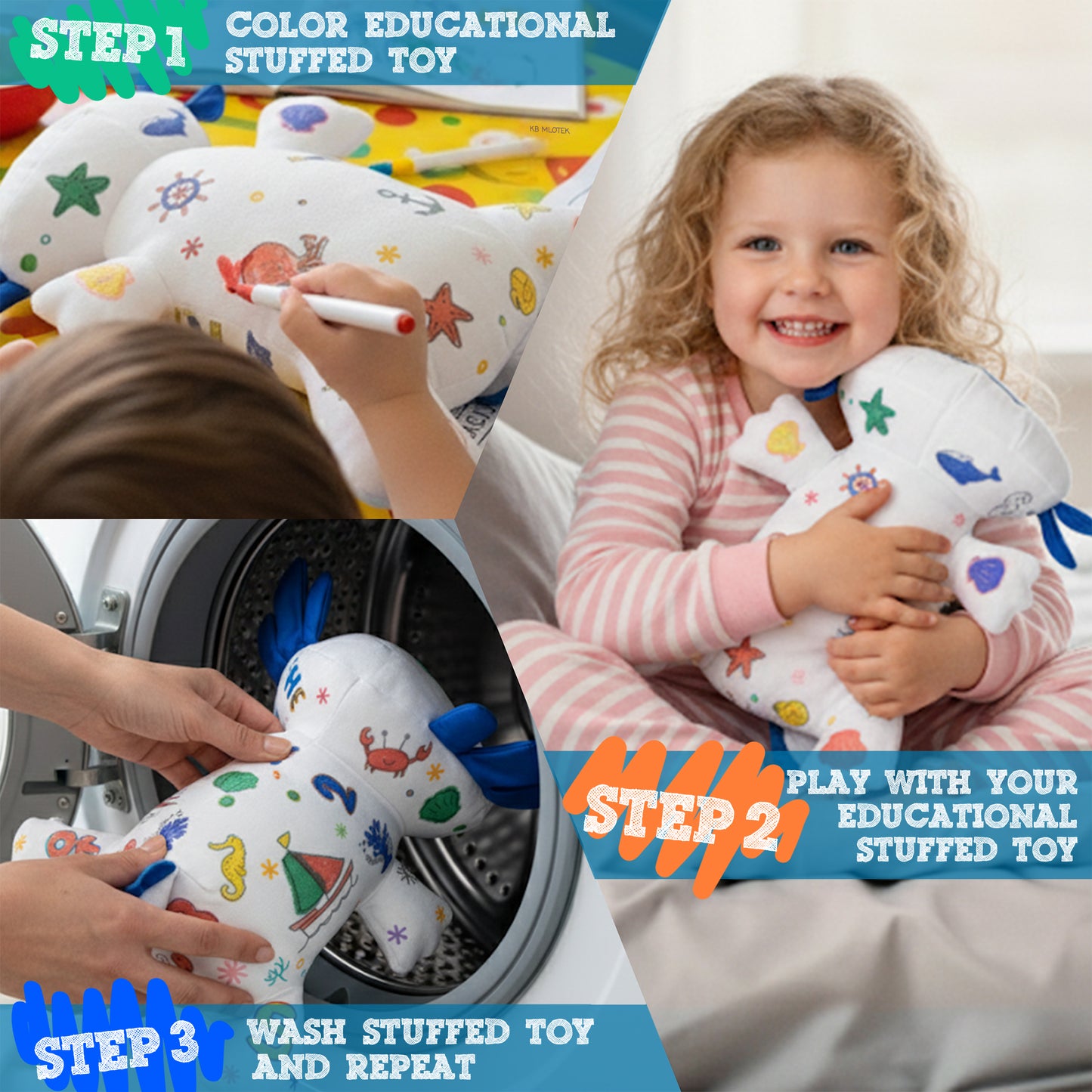 Axolotl Coloring Plush Toy - Washable Doodle Stuffed Animal with Traceable Numbers & Letters - Color Me Plush Includes 4 Markers - Educational Reusable Draw on Stuffed Animal Doodle Doll