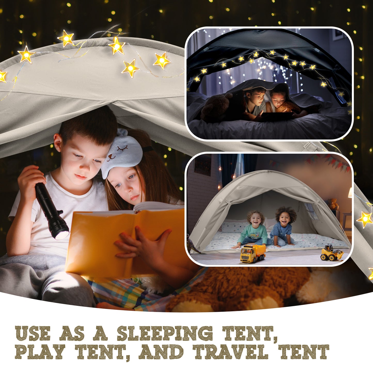 Beige Twin Size Bed Tent for Kids Indoor Fort - Magical Pop Up Dream Tent for Mattress