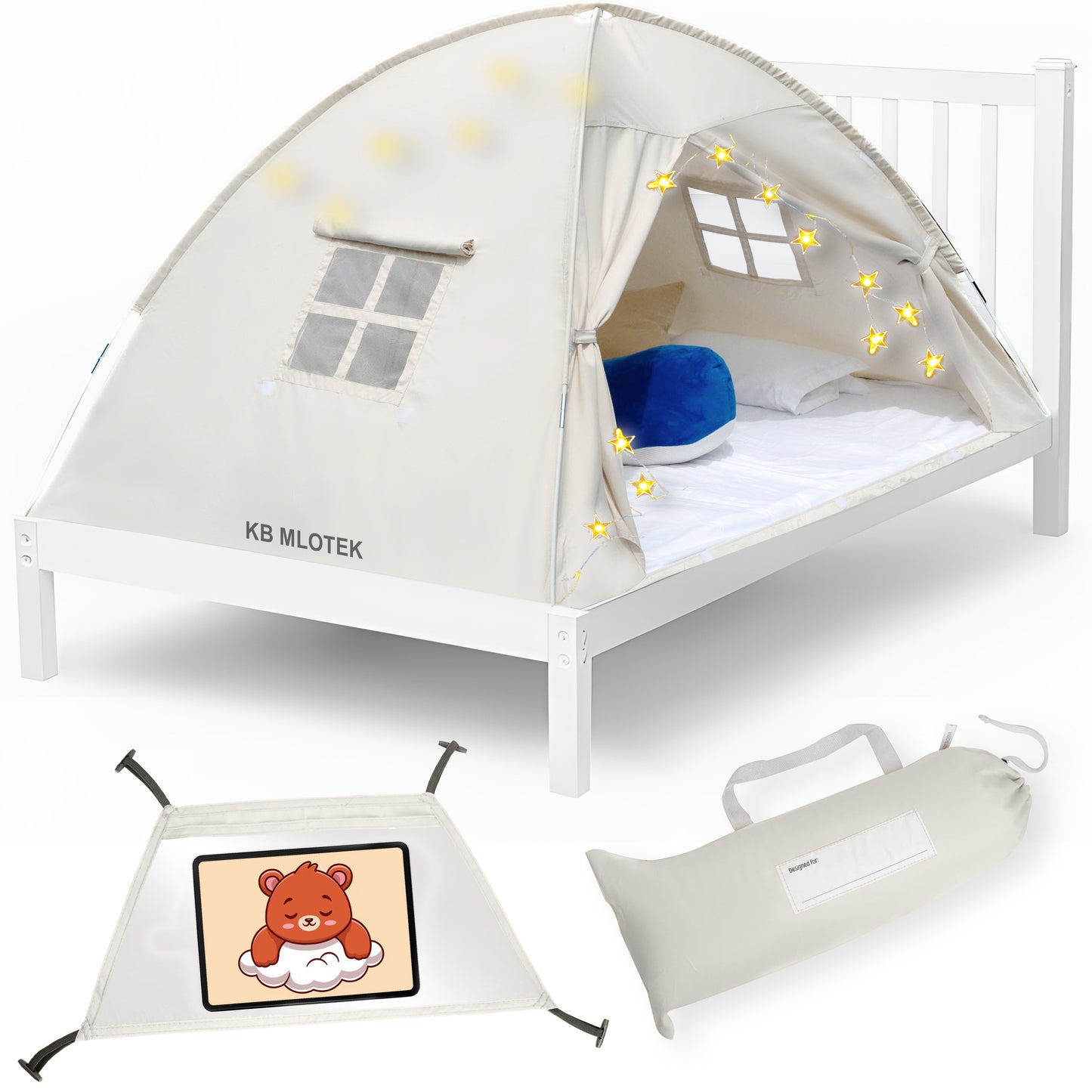 Beige Full Size Bed Tent for Kids Indoor Fort - Magical Pop Up Dream Tent for Mattress