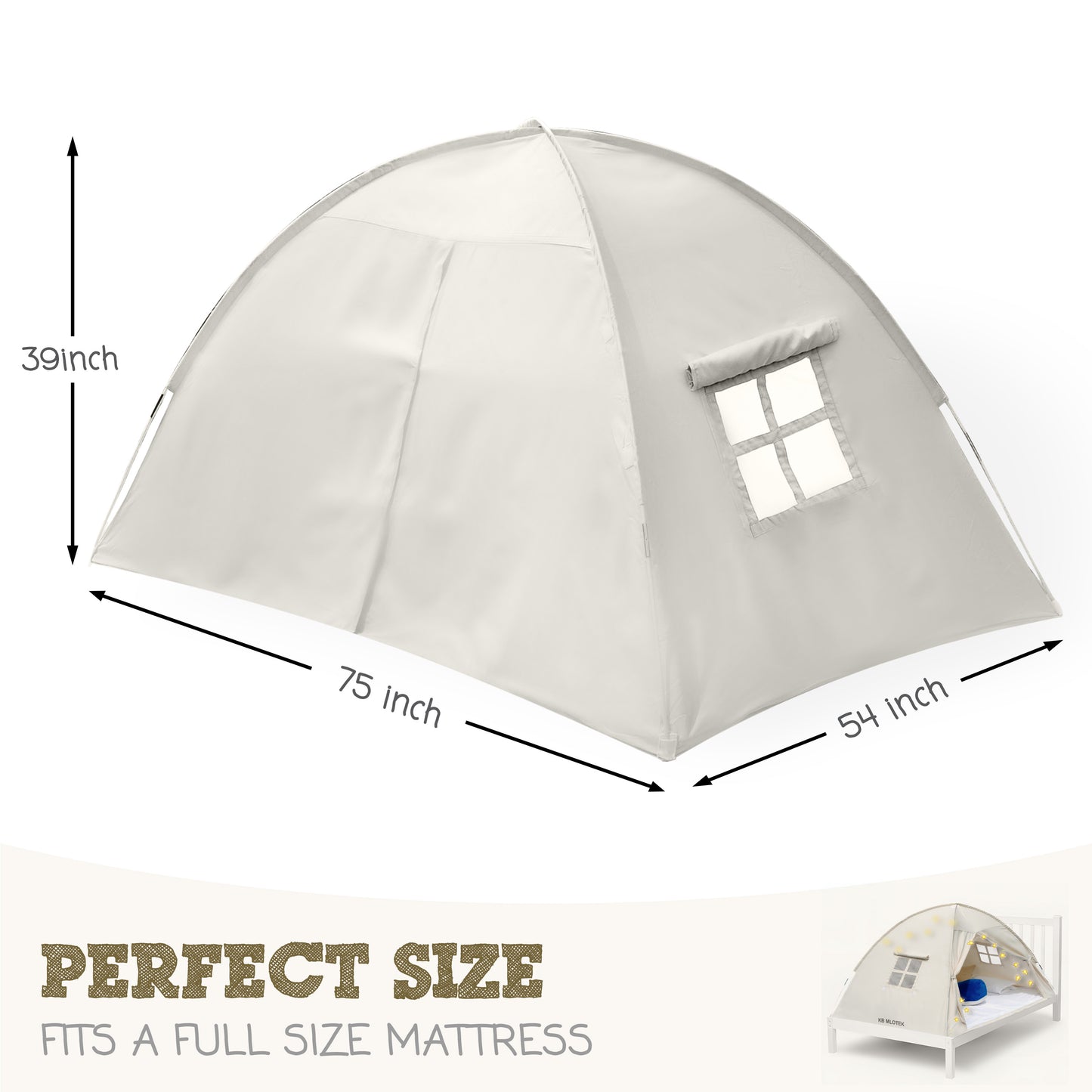 Beige Full Size Bed Tent for Kids Indoor Fort - Magical Pop Up Dream Tent for Mattress