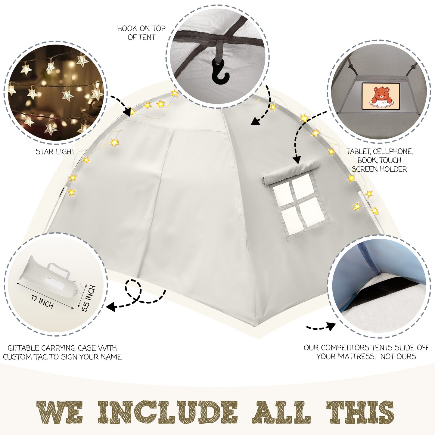 Beige Full Size Bed Tent for Kids Indoor Fort - Magical Pop Up Dream Tent for Mattress