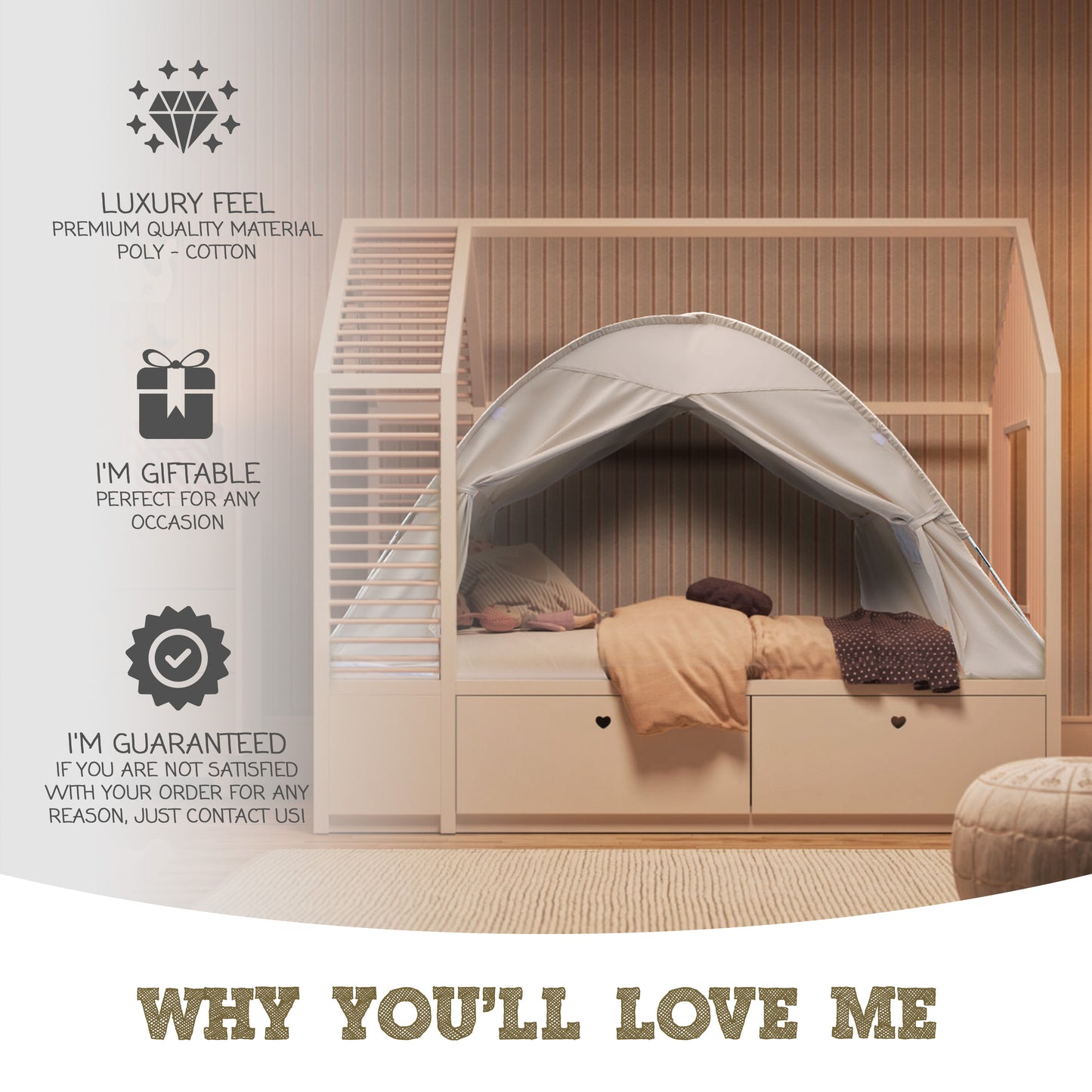 Beige Full Size Bed Tent for Kids Indoor Fort - Magical Pop Up Dream Tent for Mattress