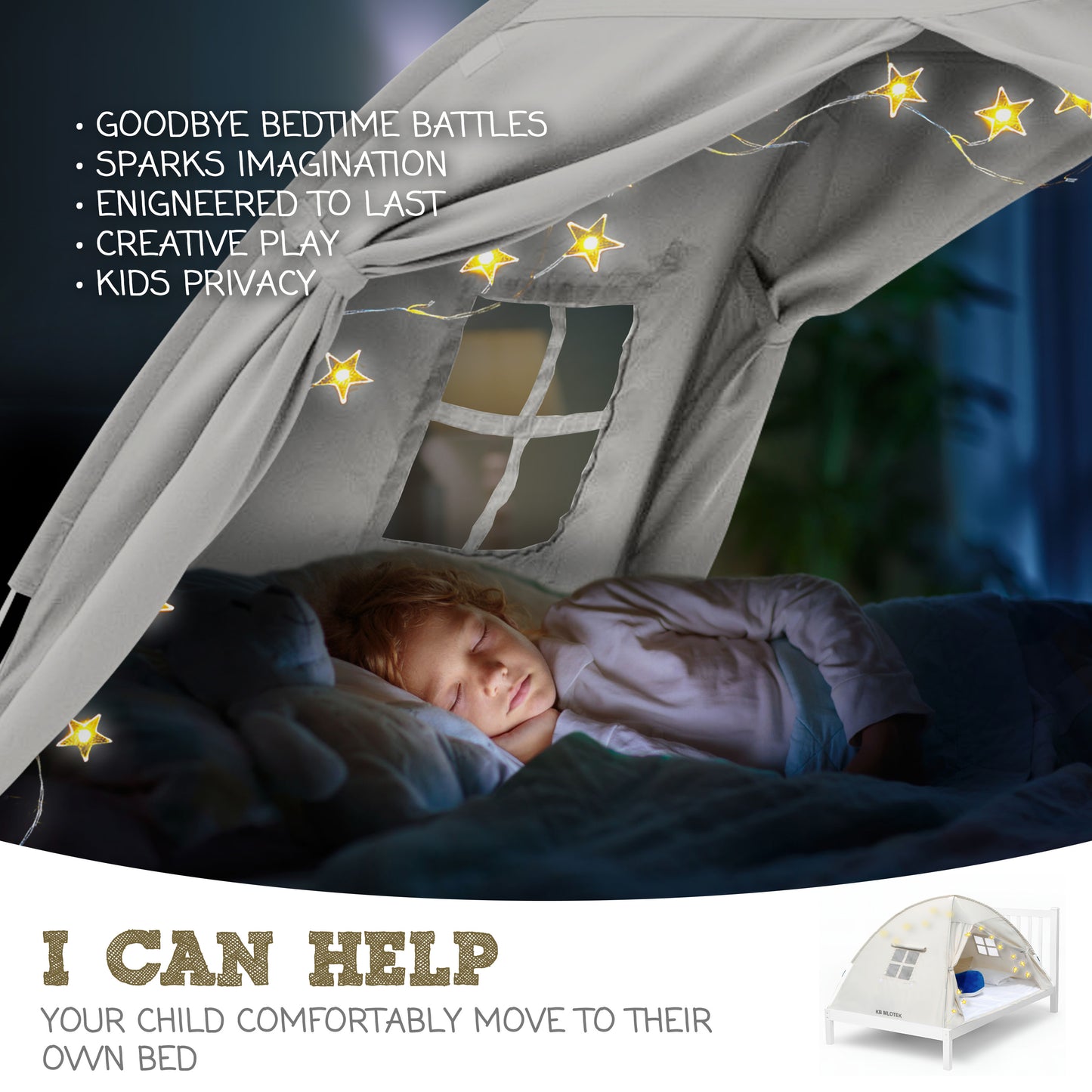 Beige Full Size Bed Tent for Kids Indoor Fort - Magical Pop Up Dream Tent for Mattress