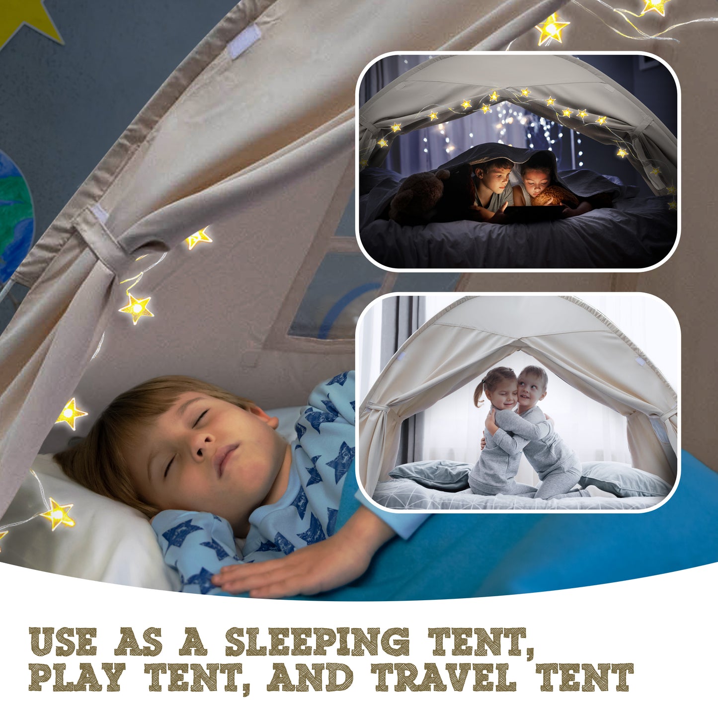 Beige Full Size Bed Tent for Kids Indoor Fort - Magical Pop Up Dream Tent for Mattress