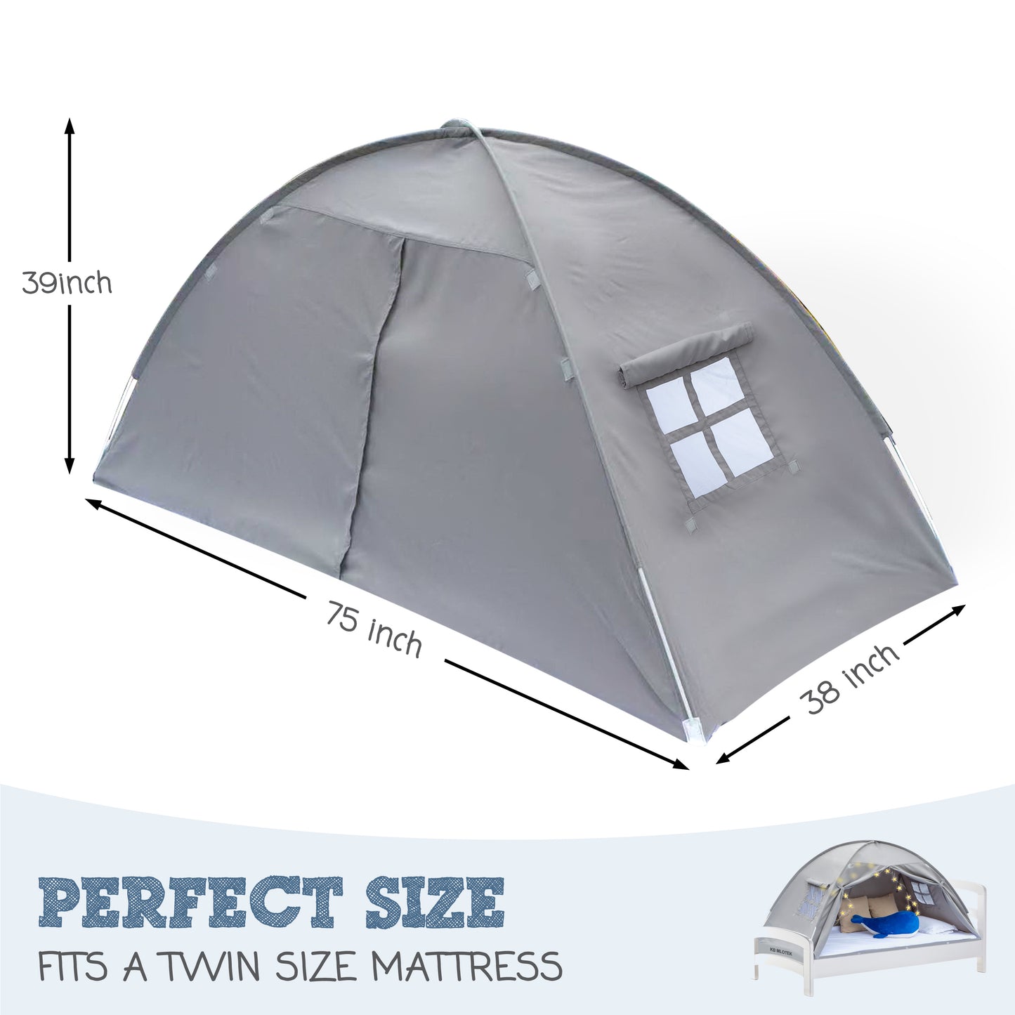 Gray Twin Size Bed Tent for Kids Indoor Fort - Magical Pop Up Dream Tent for Mattress