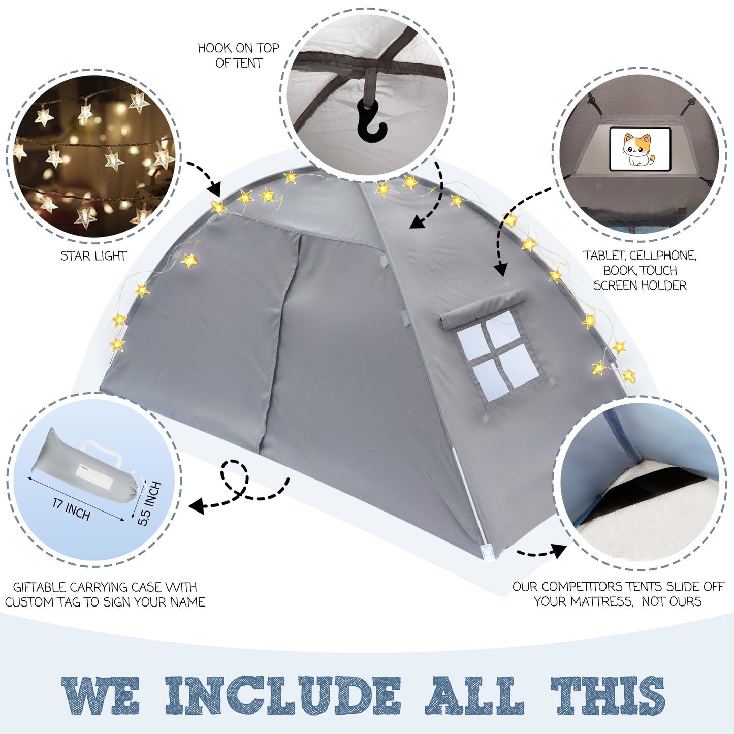 Gray Twin Size Bed Tent for Kids Indoor Fort - Magical Pop Up Dream Tent for Mattress