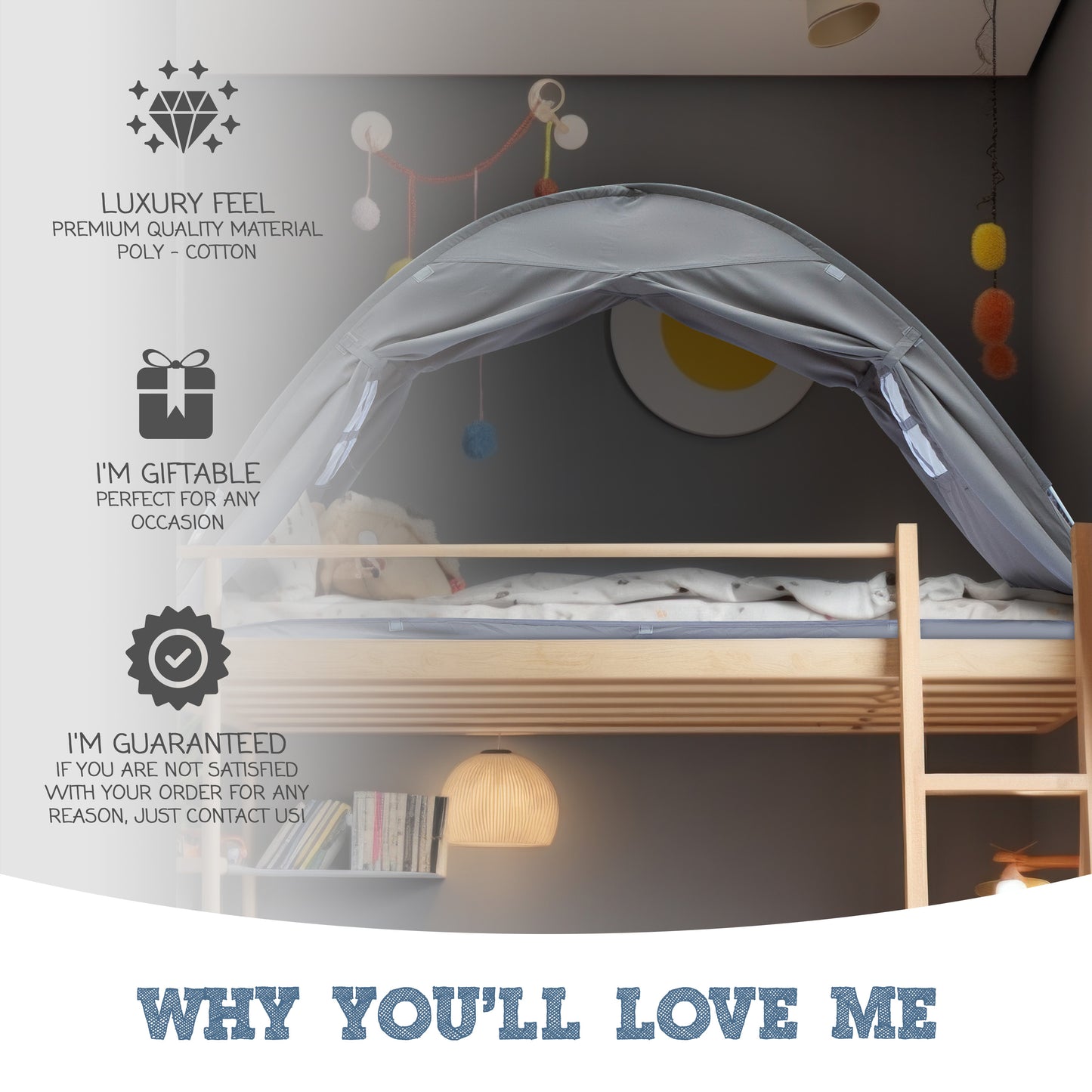Gray Twin Size Bed Tent for Kids Indoor Fort - Magical Pop Up Dream Tent for Mattress
