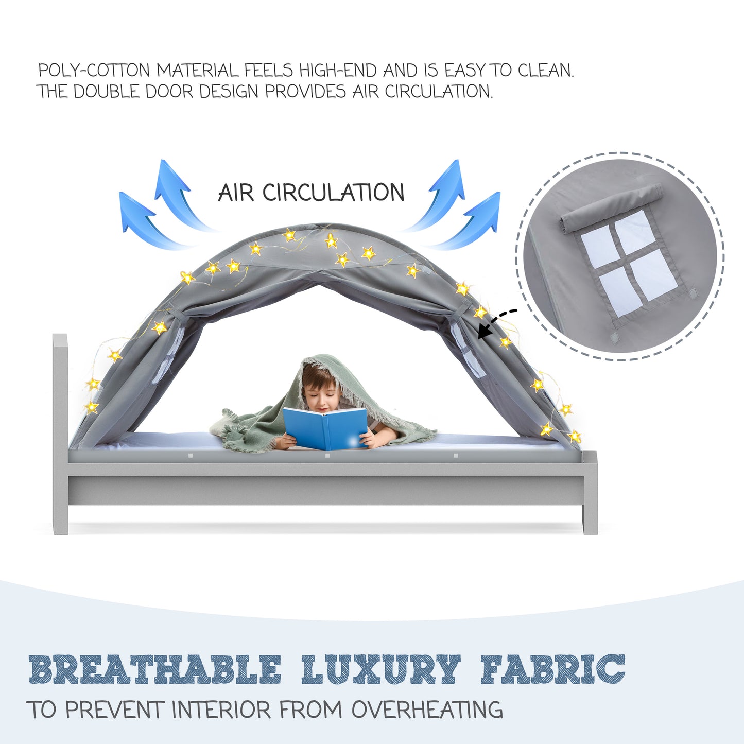 Gray Twin Size Bed Tent for Kids Indoor Fort - Magical Pop Up Dream Tent for Mattress