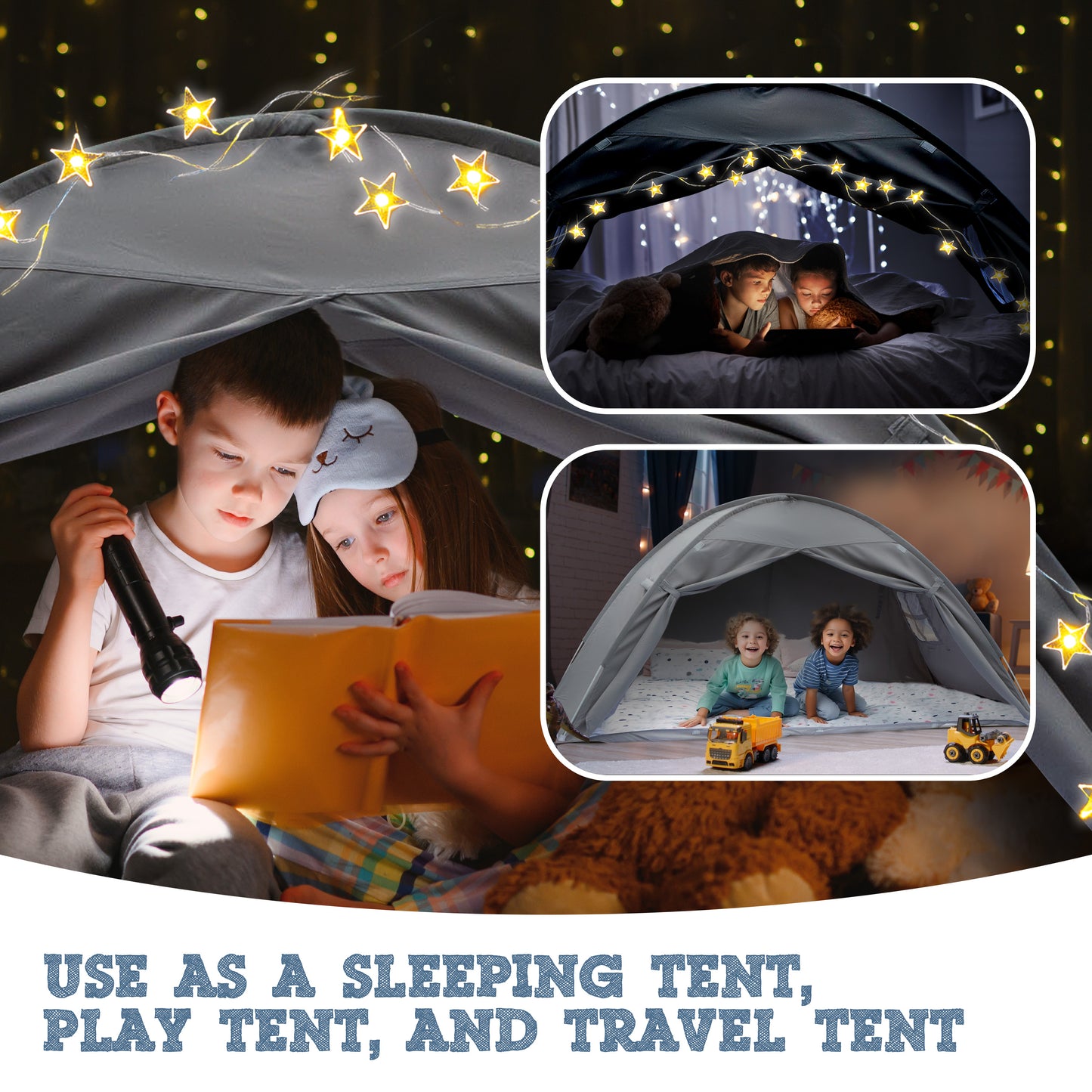 Gray Twin Size Bed Tent for Kids Indoor Fort - Magical Pop Up Dream Tent for Mattress