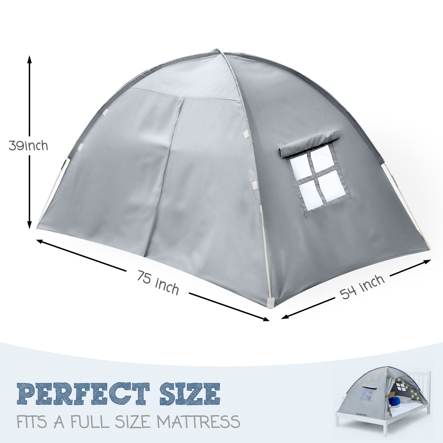 Gray Full Size Bed Tent for Kids Indoor Fort - Magical Pop Up Dream Tent for Mattress