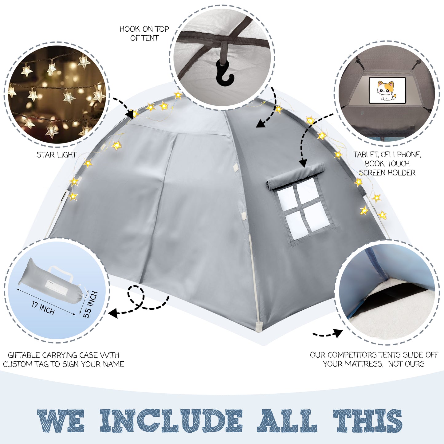 Gray Full Size Bed Tent for Kids Indoor Fort - Magical Pop Up Dream Tent for Mattress