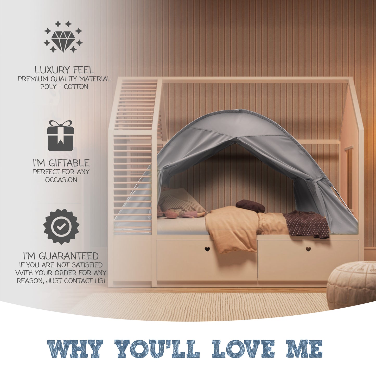 Gray Full Size Bed Tent for Kids Indoor Fort - Magical Pop Up Dream Tent for Mattress