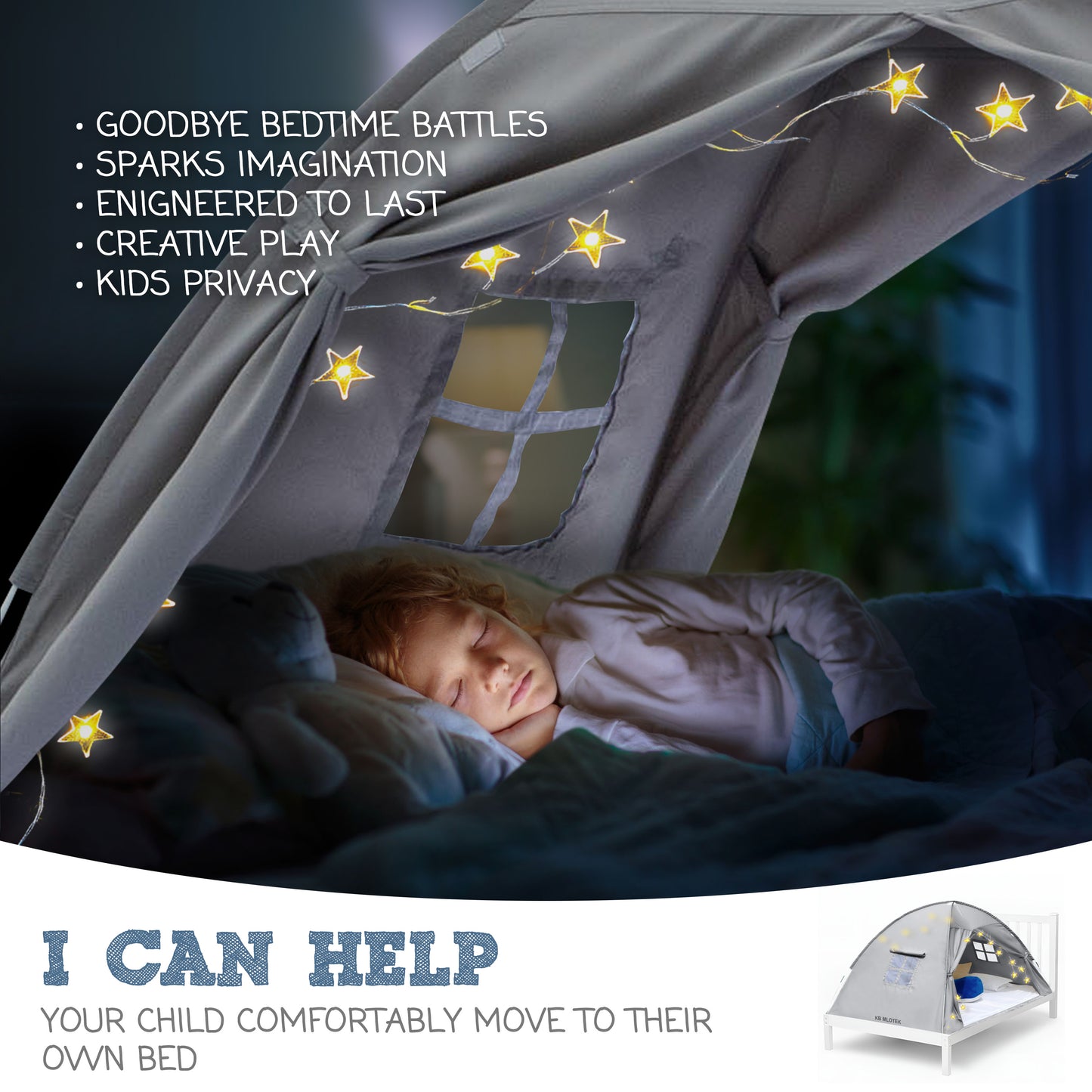 Gray Full Size Bed Tent for Kids Indoor Fort - Magical Pop Up Dream Tent for Mattress