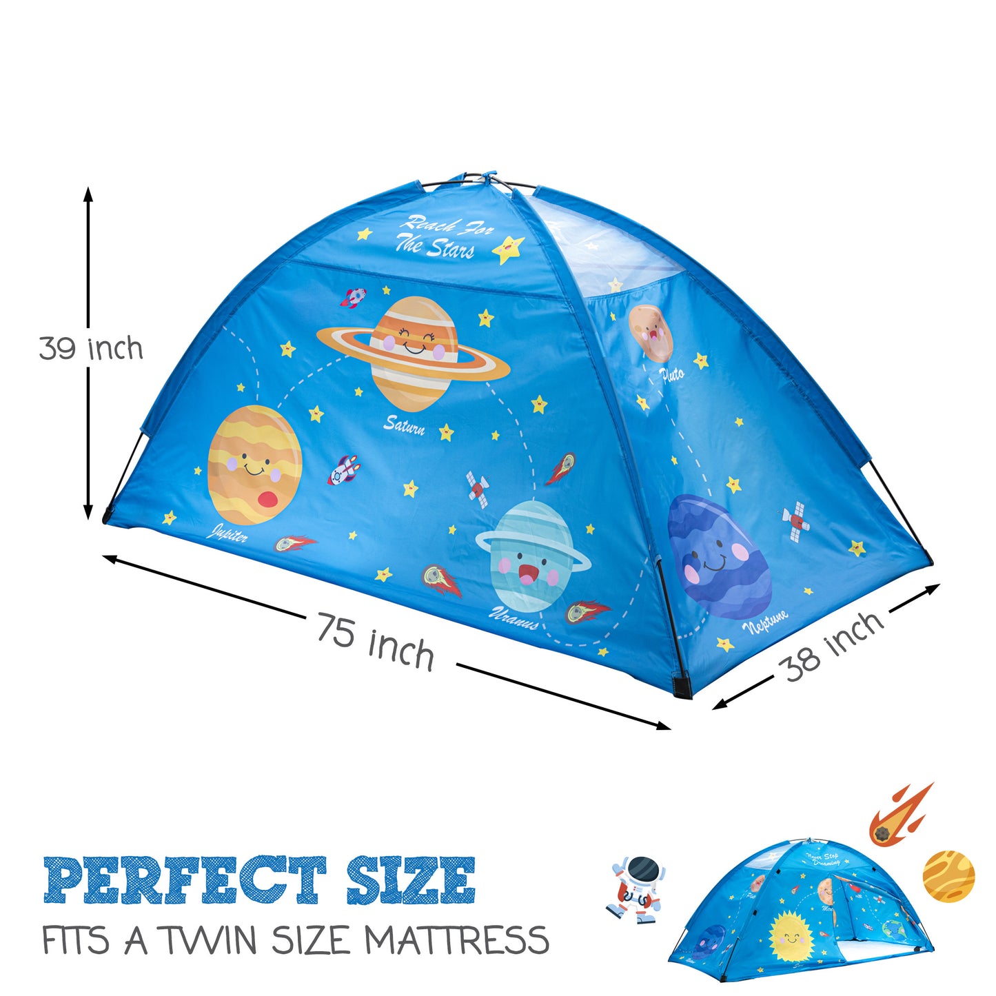 Outer Space Twin Size Bed Tent for Kids Indoor Fort - Magical Pop Up Dream Tent for Mattress