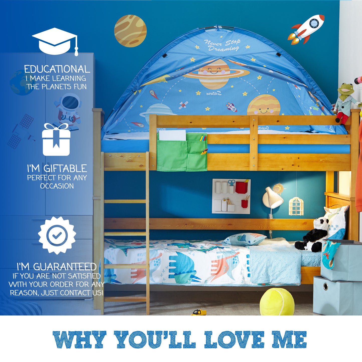 Outer Space Twin Size Bed Tent for Kids Indoor Fort - Magical Pop Up Dream Tent for Mattress