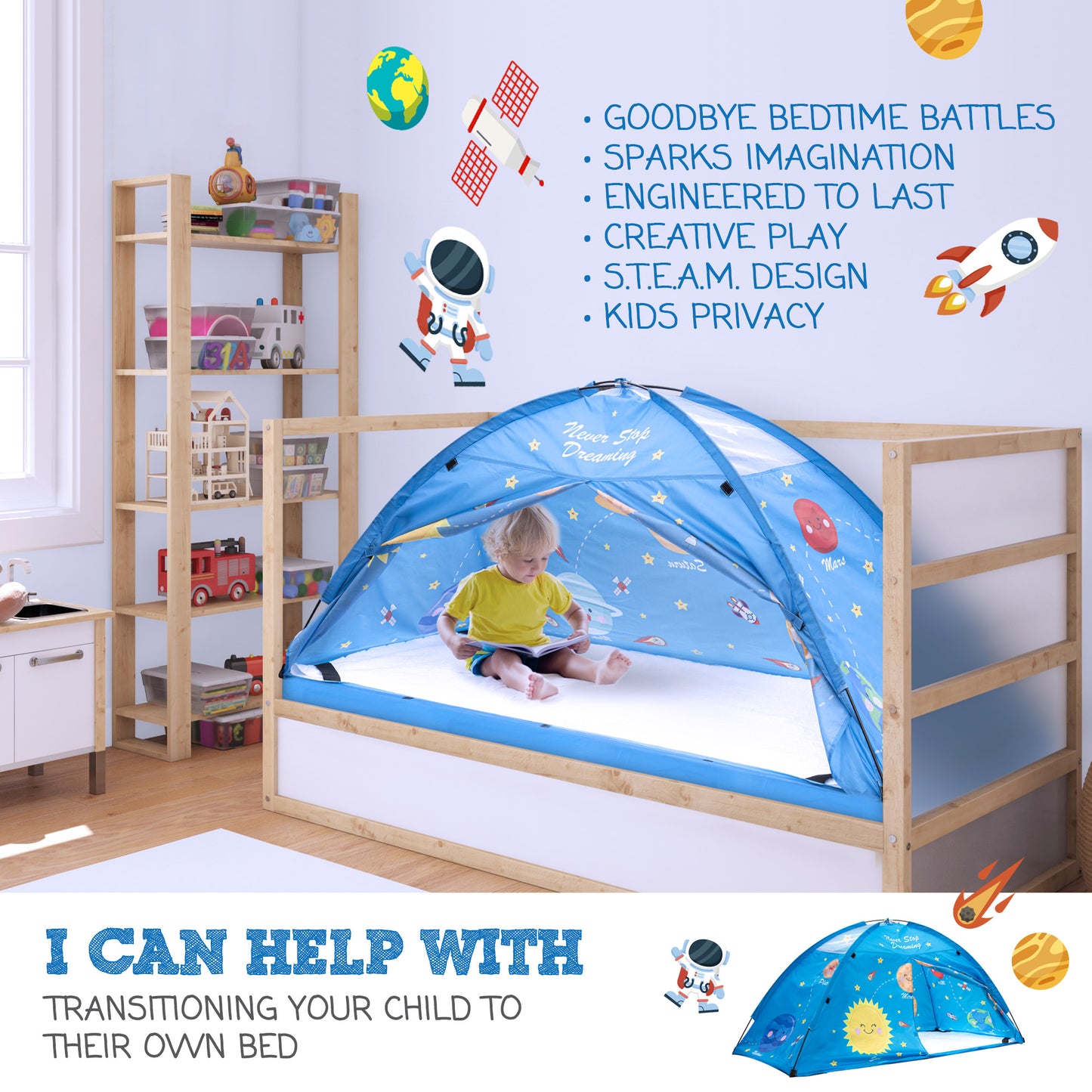 Outer Space Twin Size Bed Tent for Kids Indoor Fort - Magical Pop Up Dream Tent for Mattress