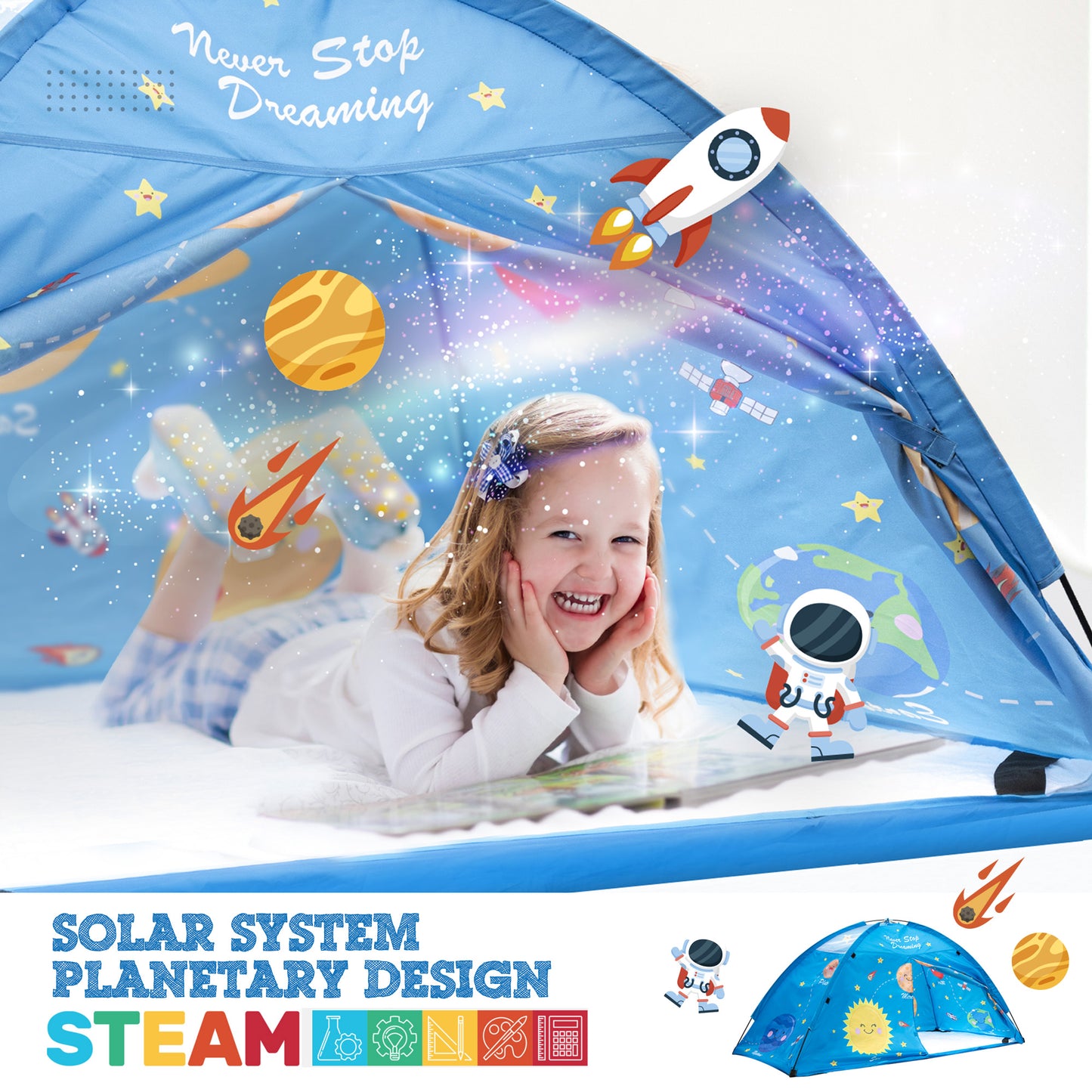 Outer Space Twin Size Bed Tent for Kids Indoor Fort - Magical Pop Up Dream Tent for Mattress