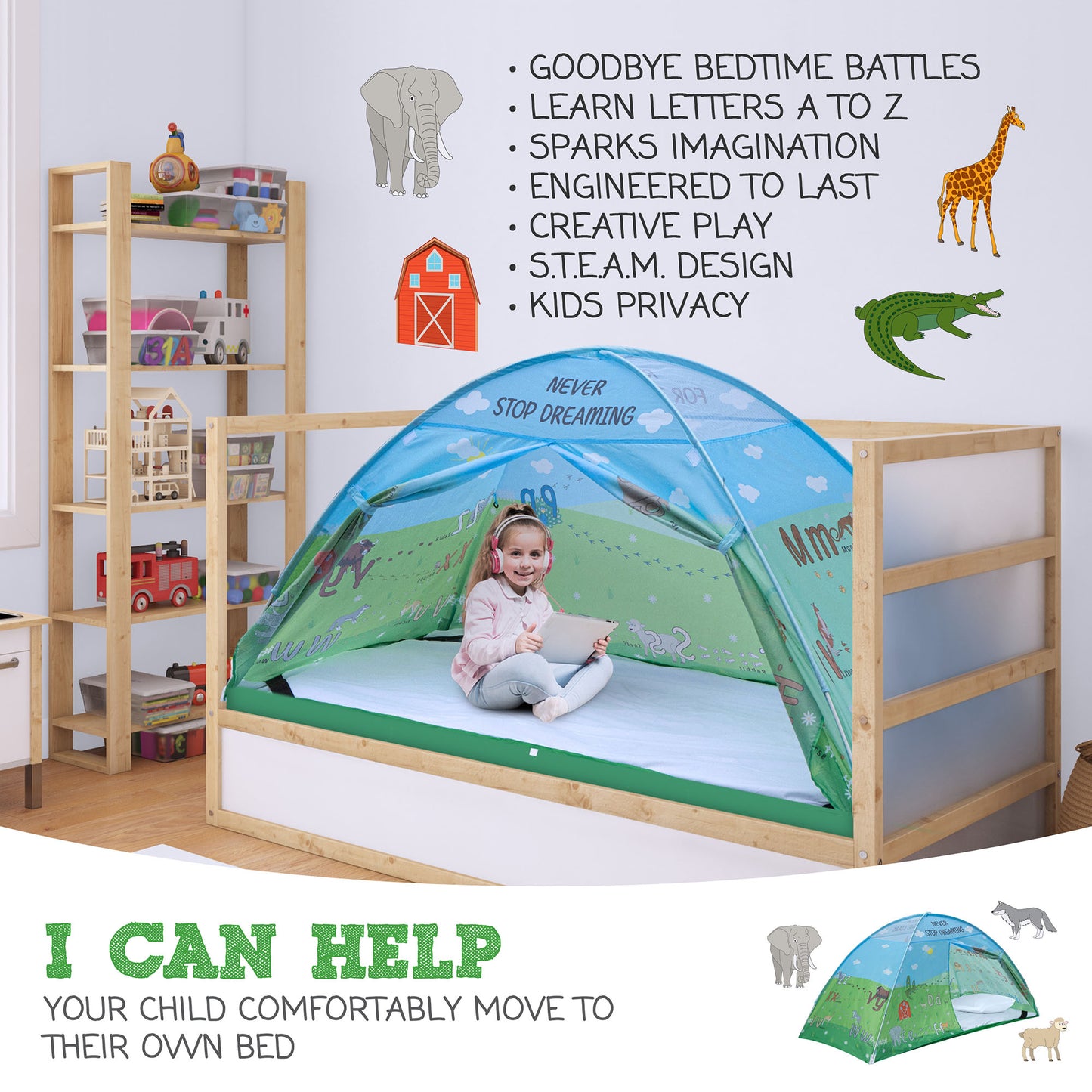 Animal Twin Size Bed Tent for Kids Indoor Fort - Magical Pop Up Dream Tent for Mattress