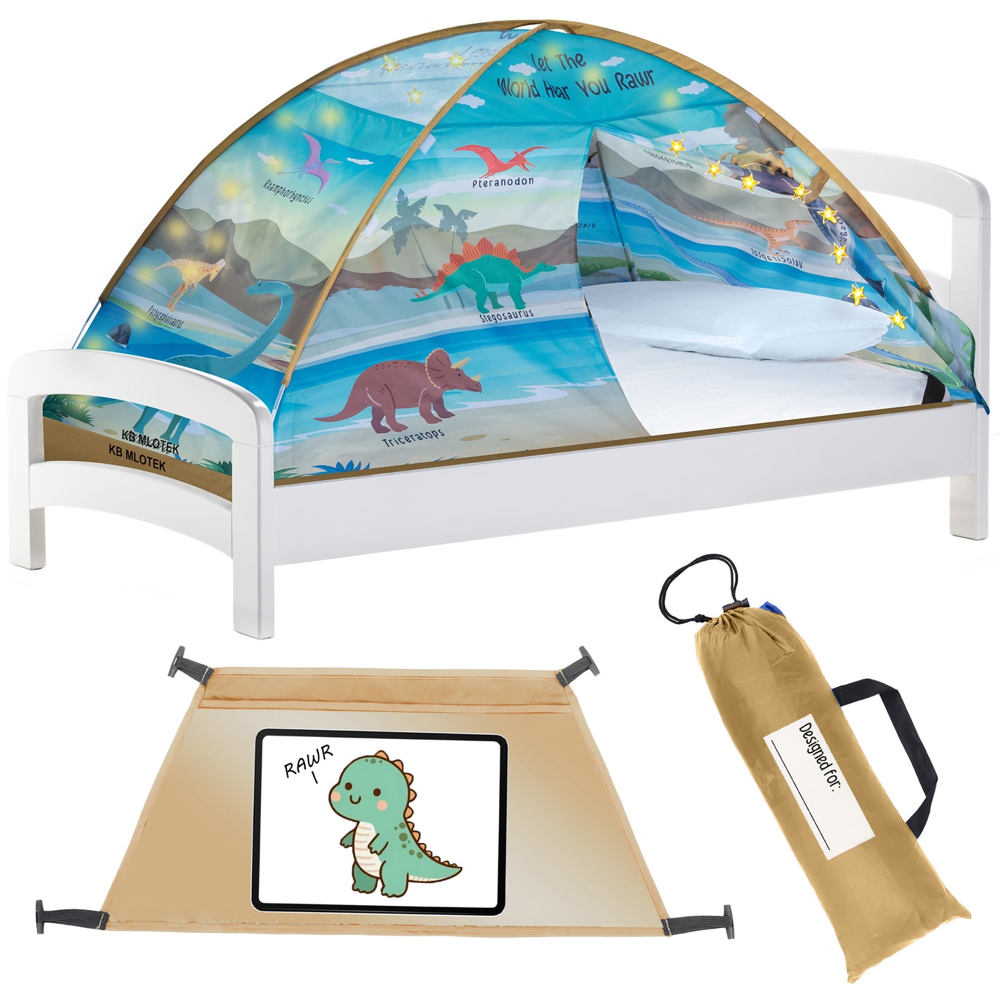 Dinosaur Twin Bed Tent for Kids Indoor Fort - Magical Dream Tents for Boys Pop Up Toddler Bed Canopy for Girls Bunk Bed Tent for Top Bunk - Sensory Sleep Pod for Kids Educational
