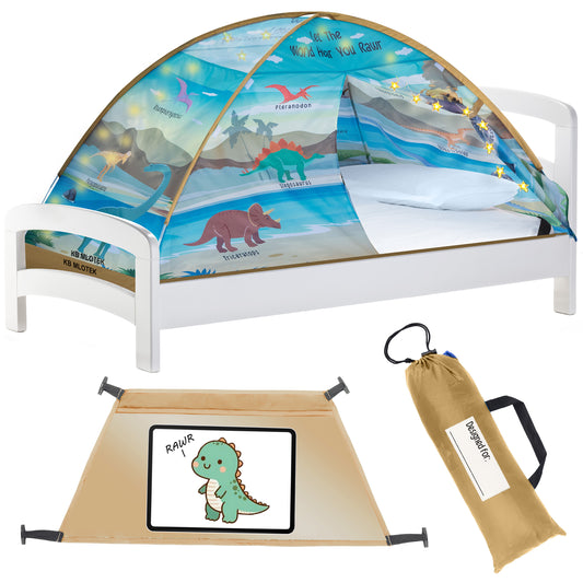 Dinosaur Twin Bed Tent for Kids Indoor Fort - Magical Dream Tents for Boys Pop Up Toddler Bed Canopy for Girls Bunk Bed Tent for Top Bunk - Sensory Sleep Pod for Kids Educational