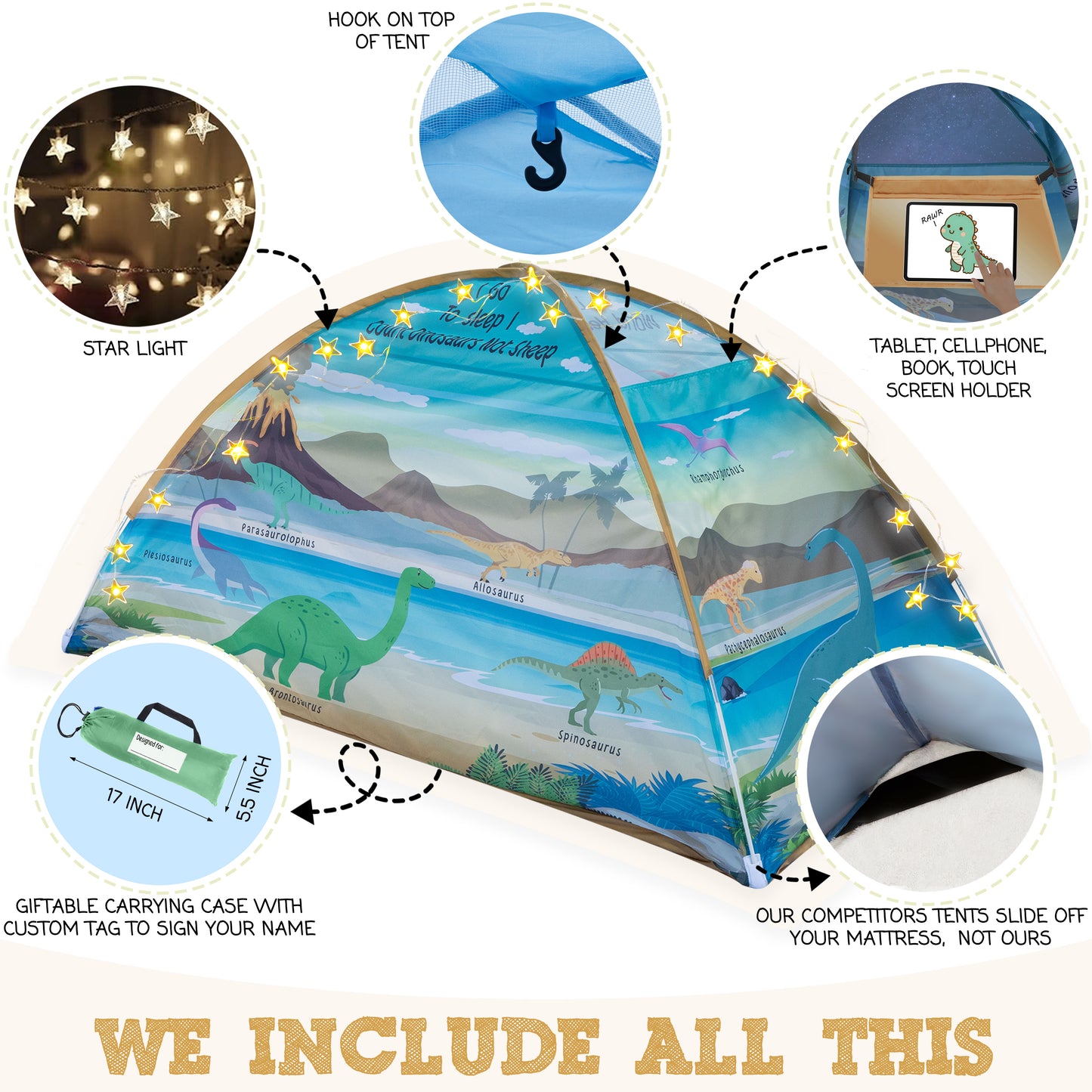 Dinosaur Twin Bed Tent for Kids Indoor Fort - Magical Dream Tents for Boys Pop Up Toddler Bed Canopy for Girls Bunk Bed Tent for Top Bunk - Sensory Sleep Pod for Kids Educational