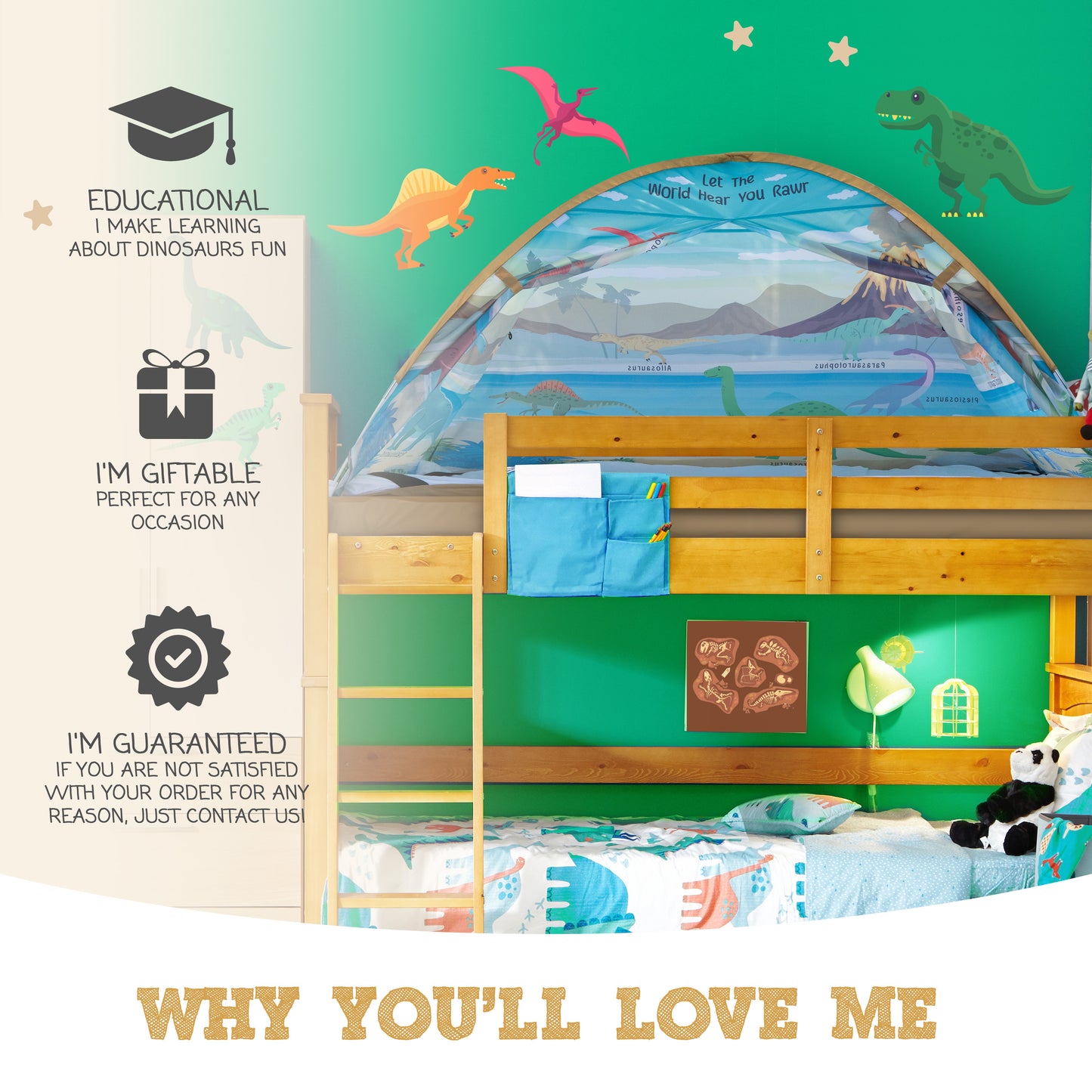 Dinosaur Twin Bed Tent for Kids Indoor Fort - Magical Dream Tents for Boys Pop Up Toddler Bed Canopy for Girls Bunk Bed Tent for Top Bunk - Sensory Sleep Pod for Kids Educational