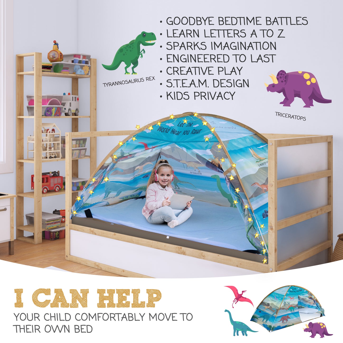 Dinosaur Twin Bed Tent for Kids Indoor Fort - Magical Dream Tents for Boys Pop Up Toddler Bed Canopy for Girls Bunk Bed Tent for Top Bunk - Sensory Sleep Pod for Kids Educational