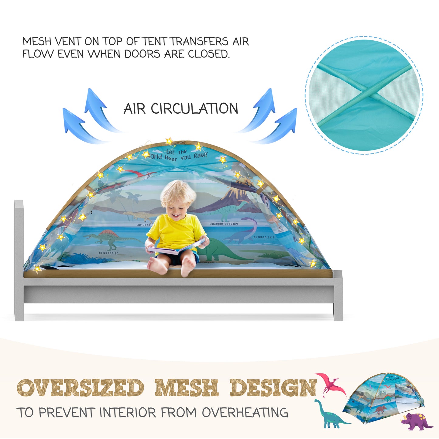 Dinosaur Twin Bed Tent for Kids Indoor Fort - Magical Dream Tents for Boys Pop Up Toddler Bed Canopy for Girls Bunk Bed Tent for Top Bunk - Sensory Sleep Pod for Kids Educational