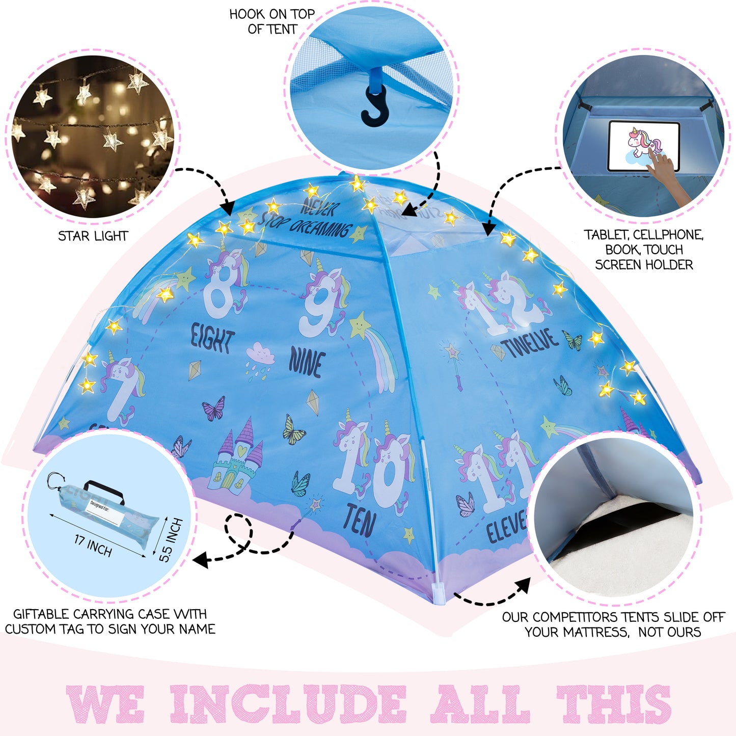 Pink Unicorn Full Size Bed Tent for Kids Indoor Fort - Magical Dream Tent for Mattress