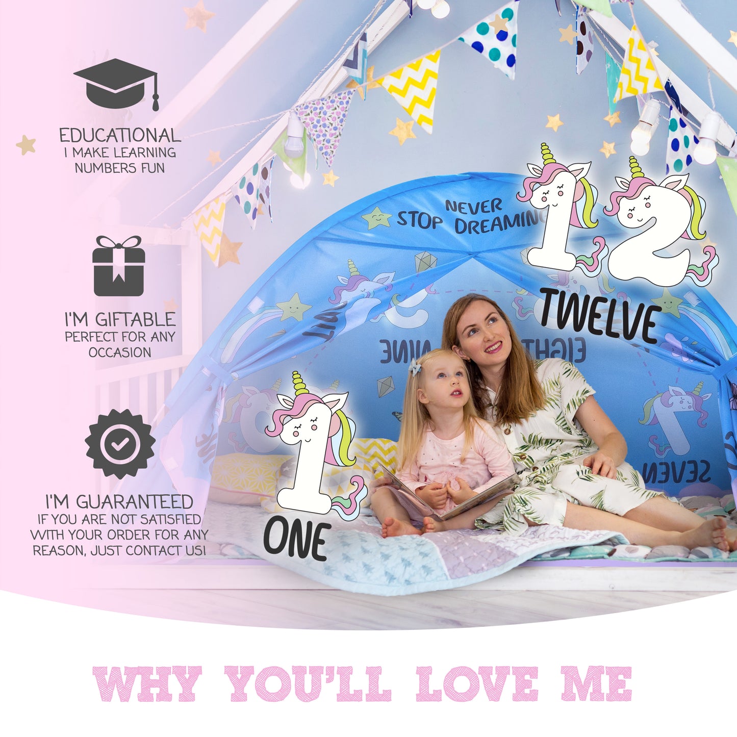 Pink Unicorn Full Size Bed Tent for Kids Indoor Fort - Magical Dream Tent for Mattress