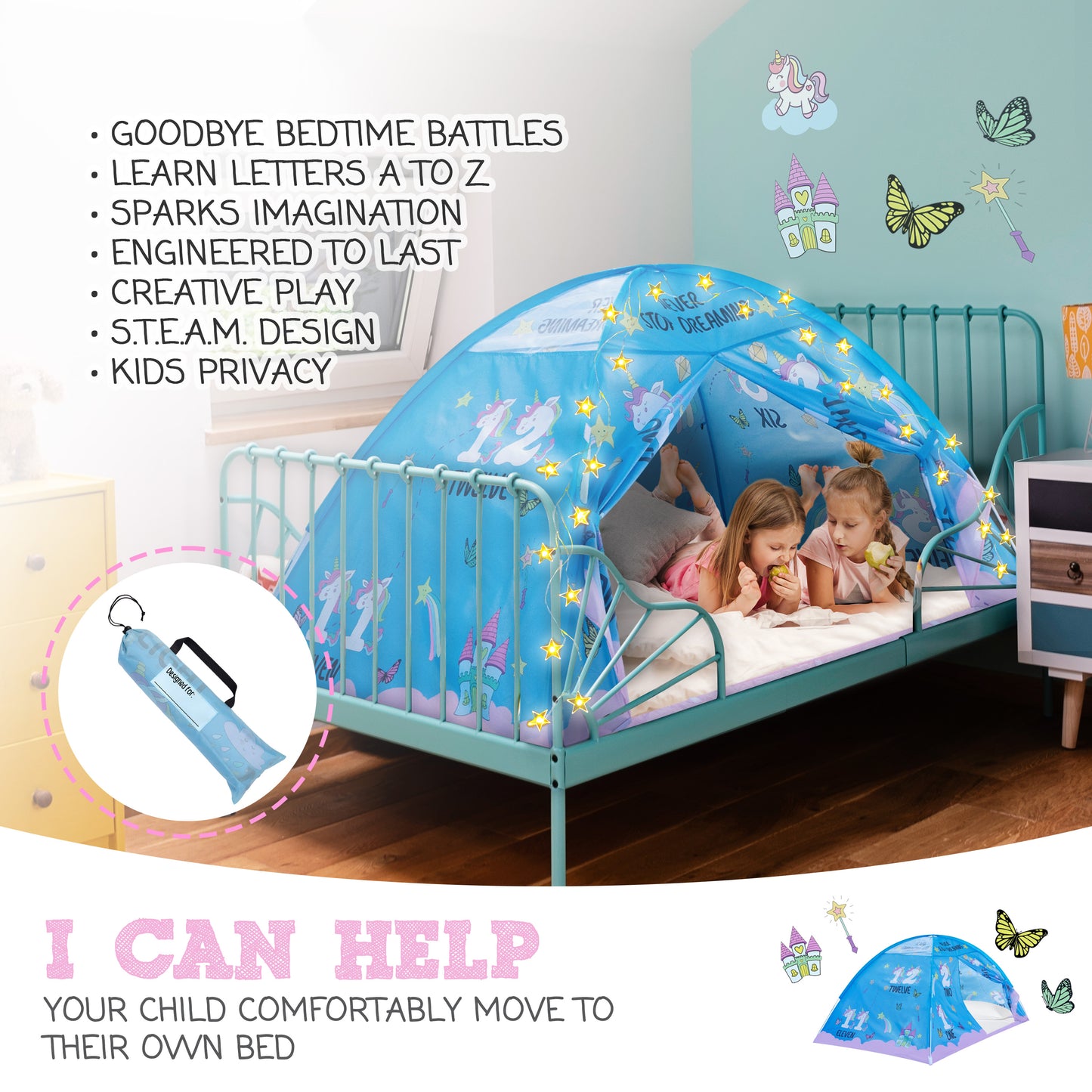 Pink Unicorn Full Size Bed Tent for Kids Indoor Fort - Magical Dream Tent for Mattress