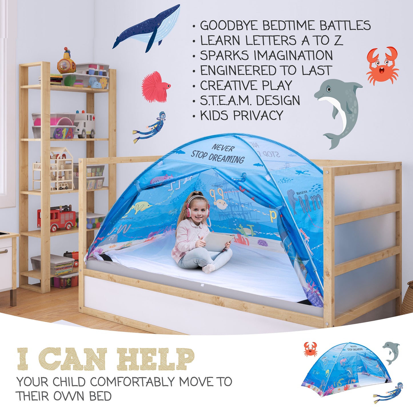 Water World Twin Size Bed Tent for Kids Indoor Fort - Magical Pop Up Dream Tent for Mattress
